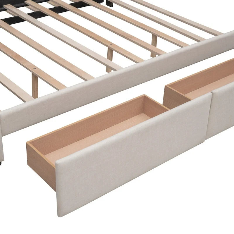 Cama de plataforma Queen tapizada en gris oscuro/gris claro/beige con nido, capacidad para 2 personas