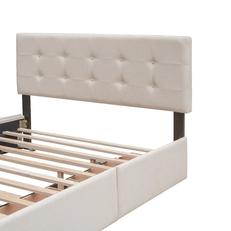 Cama de plataforma Queen tapizada en gris oscuro/gris claro/beige con nido, capacidad para 2 personas