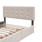 Cama de plataforma Queen tapizada en gris oscuro/gris claro/beige con nido, capacidad para 2 personas