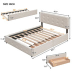 Cama de plataforma Queen tapizada en gris oscuro/gris claro/beige con nido, capacidad para 2 personas