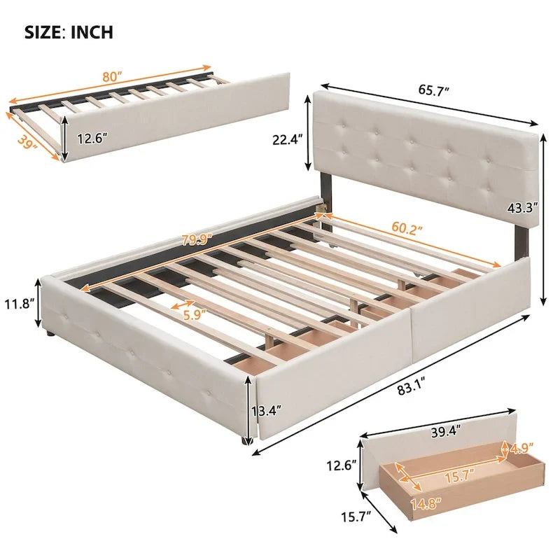 Cama de plataforma Queen tapizada en gris oscuro/gris claro/beige con nido, capacidad para 2 personas