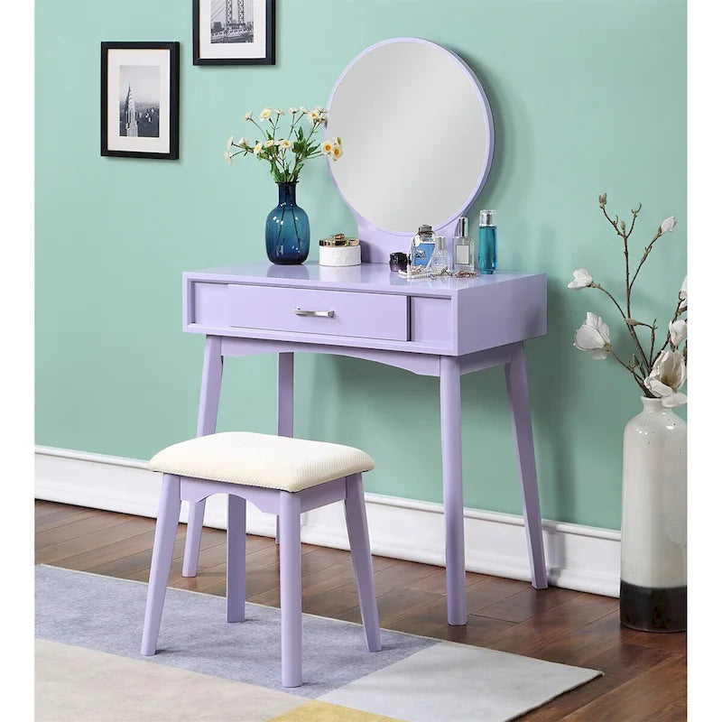 Juego de tocador de madera contemporáneo blanco/morado/dorado con espejo y taburete