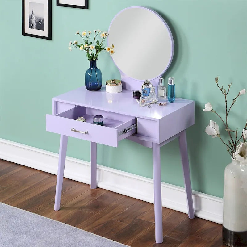 Juego de tocador de madera contemporáneo blanco/morado/dorado con espejo y taburete