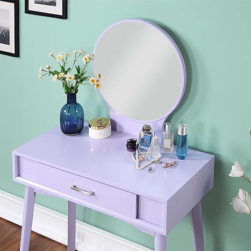 Juego de tocador de madera contemporáneo blanco/morado/dorado con espejo y taburete