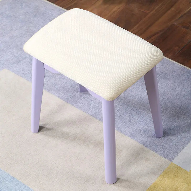 Juego de tocador de madera contemporáneo blanco/morado/dorado con espejo y taburete