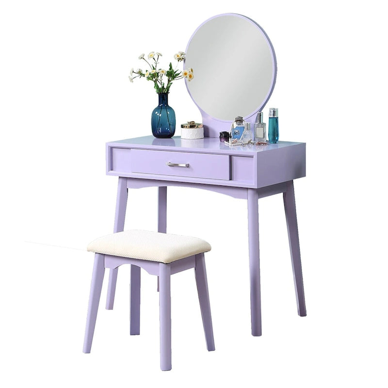Juego de tocador de madera contemporáneo blanco/morado/dorado con espejo y taburete