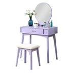 Juego de tocador de madera contemporáneo blanco/morado/dorado con espejo y taburete