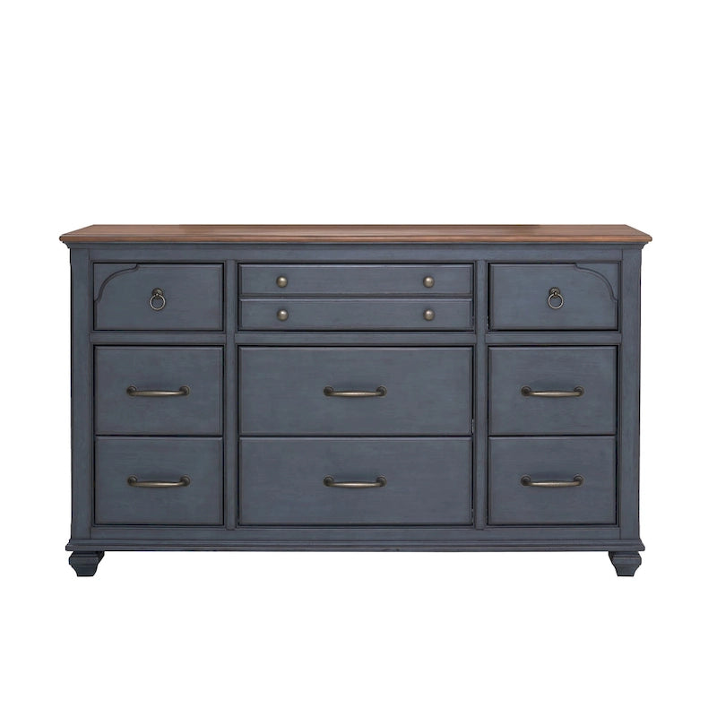 Cómoda de madera de pana azul de 9 cajones