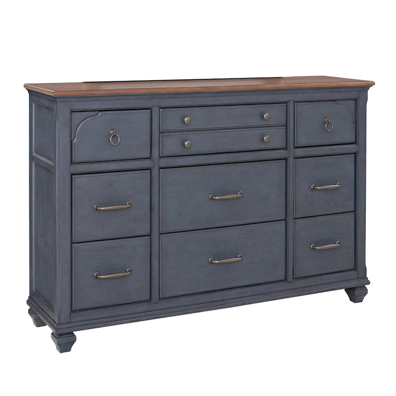 Cómoda de madera de pana azul de 9 cajones