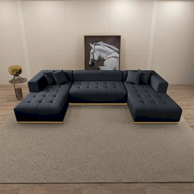 Sofá seccional en forma de U de terciopelo negro/crema, capacidad para 5-6 personas