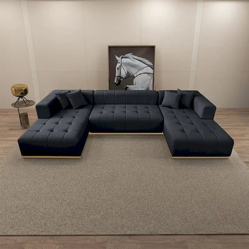 Sofá seccional en forma de U de terciopelo negro/crema, capacidad para 5-6 personas
