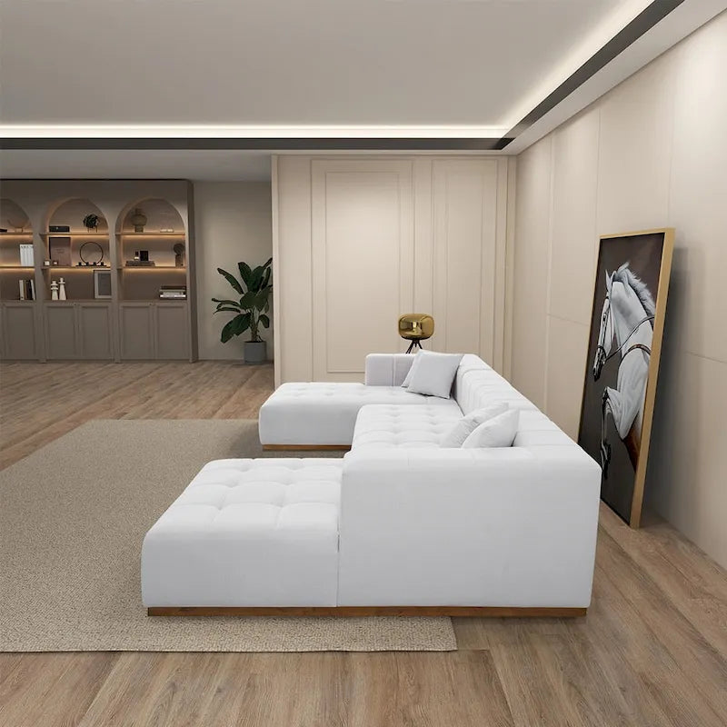 Sofá seccional en forma de U de terciopelo negro/crema, capacidad para 5-6 personas