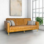 Sofá de cuero amarillo, estilo minimalista, 3 plazas