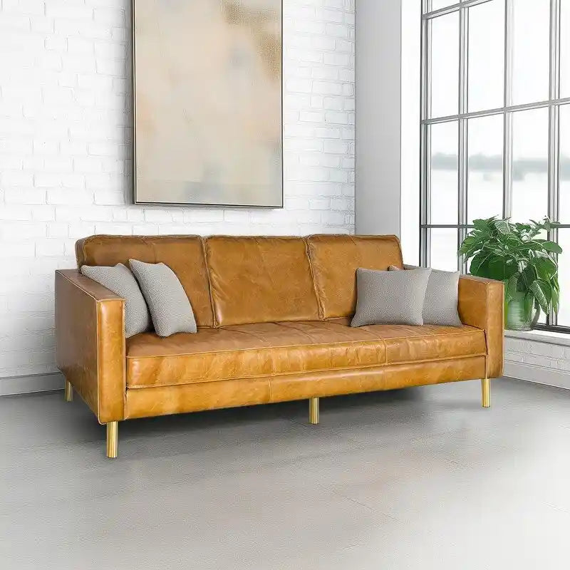 Sofá de cuero amarillo, estilo minimalista, 3 plazas
