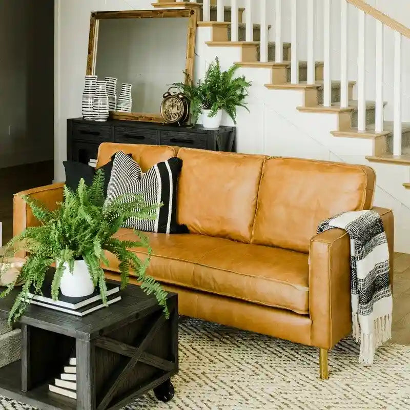 Sofá de cuero amarillo, estilo minimalista, 3 plazas
