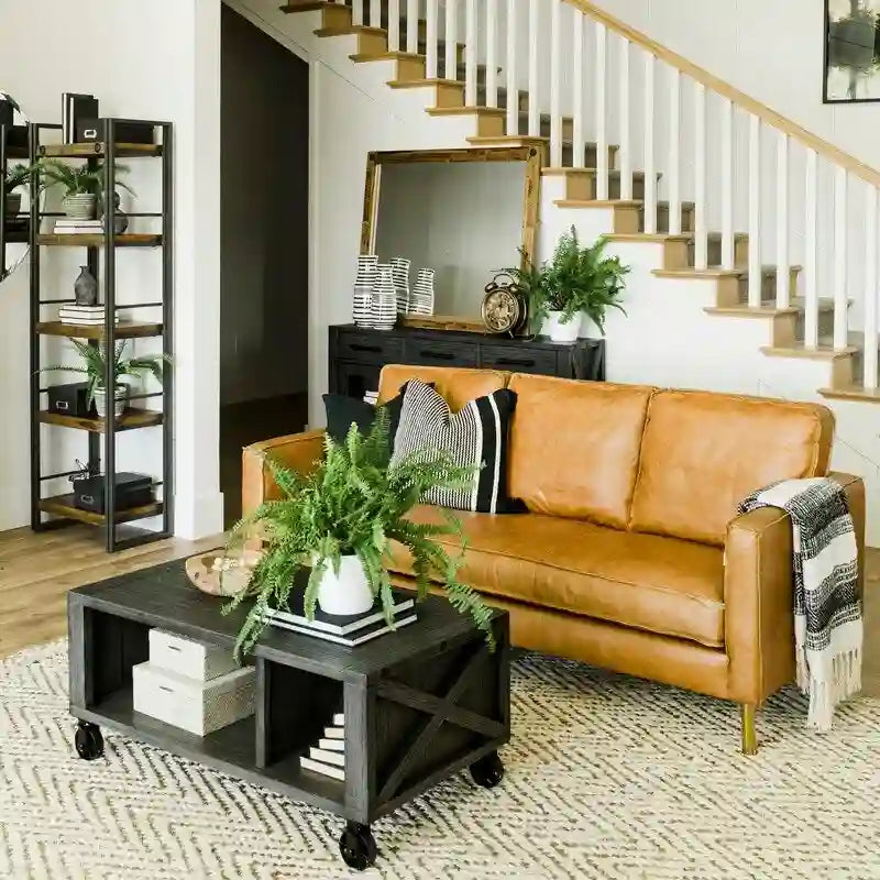 Sofá de cuero amarillo, estilo minimalista, 3 plazas