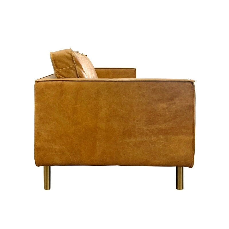 Sofá de cuero amarillo, estilo minimalista, 3 plazas