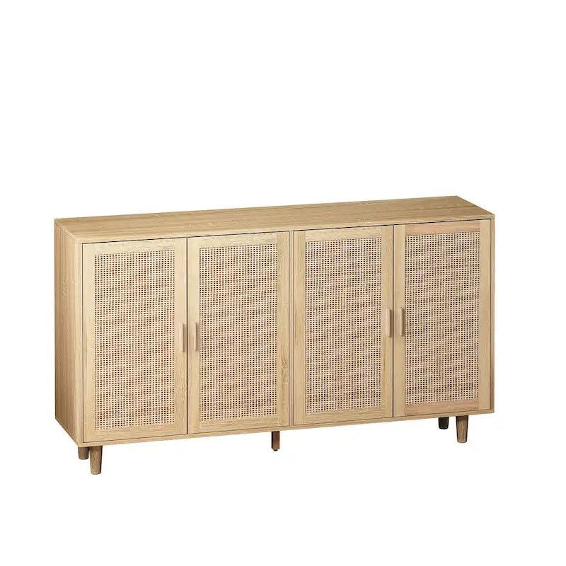Armario de almacenamiento de ratán de 4 puertas — Natural, tapa de madera