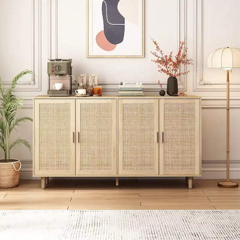 Armario de almacenamiento de ratán de 4 puertas — Natural, tapa de madera