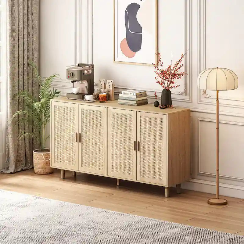 Armario de almacenamiento de ratán de 4 puertas — Natural, tapa de madera