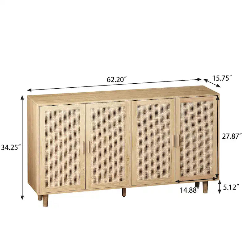 Armario de almacenamiento de ratán de 4 puertas — Natural, tapa de madera