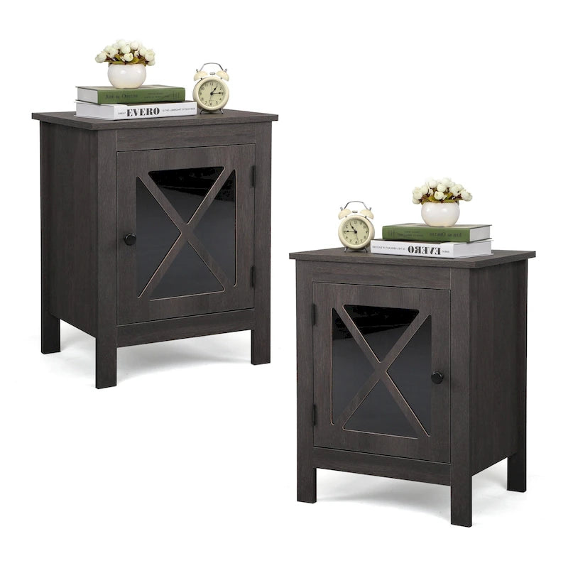 Juego de 2 mesitas de noche industriales con puerta de cristal - Marrón / Blanco / Natural / Gris