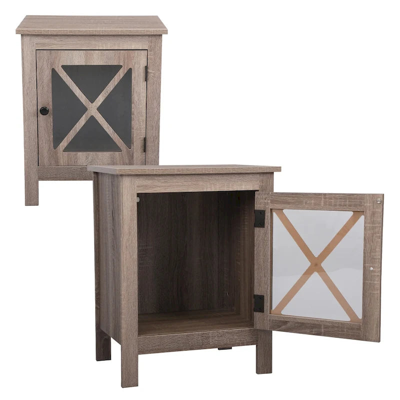 Juego de 2 mesitas de noche industriales con puerta de cristal - Marrón / Blanco / Natural / Gris