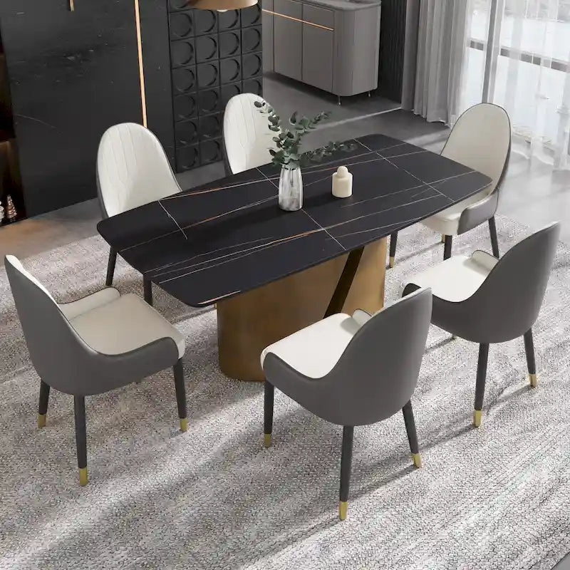 Mesa de comedor de piedra sinterizada Pandora negra/blanca – Patas doradas, 6-8 asientos