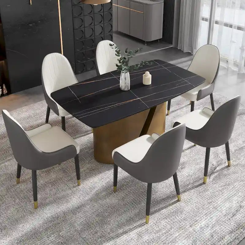 Mesa de comedor de piedra sinterizada Pandora negra/blanca – Patas doradas, 6-8 asientos