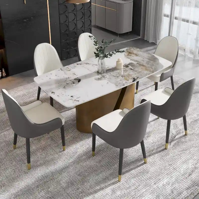 Mesa de comedor de piedra sinterizada Pandora negra/blanca – Patas doradas, 6-8 asientos