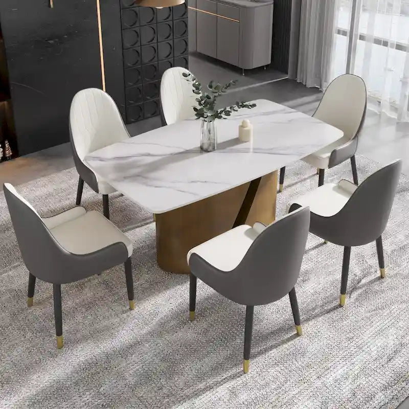 Mesa de comedor de piedra sinterizada Pandora negra/blanca – Patas doradas, 6-8 asientos