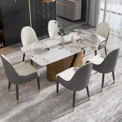 Mesa de comedor de piedra sinterizada Pandora negra/blanca – Patas doradas, 6-8 asientos