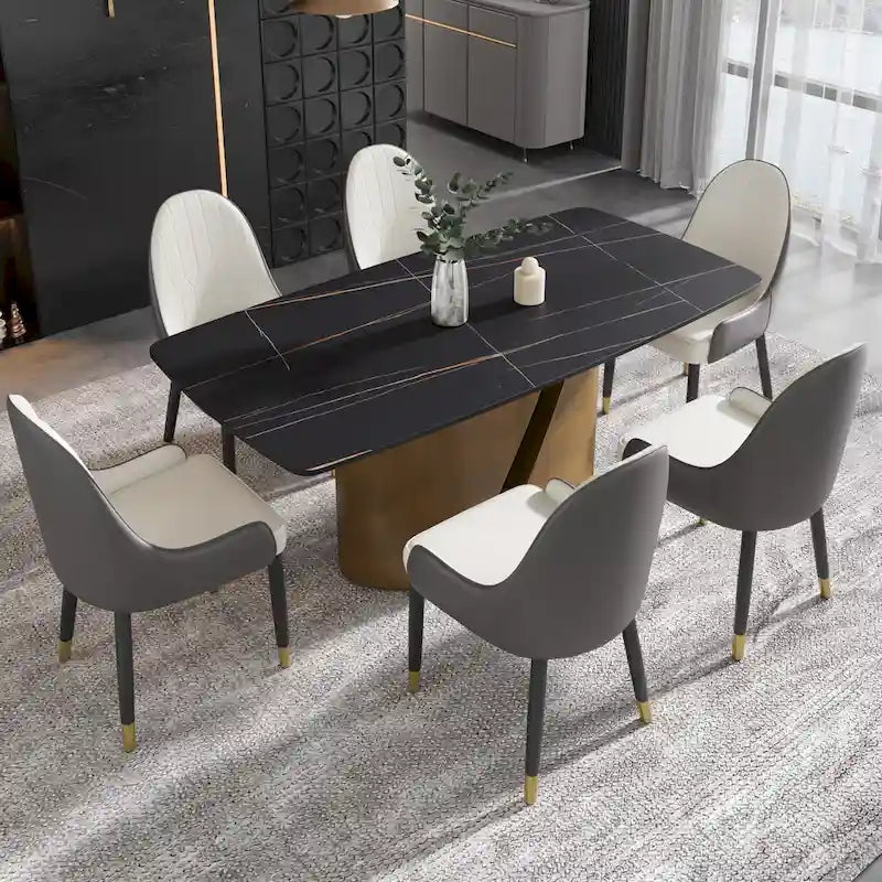 Mesa de comedor de piedra sinterizada Pandora negra/blanca – Patas doradas, 6-8 asientos