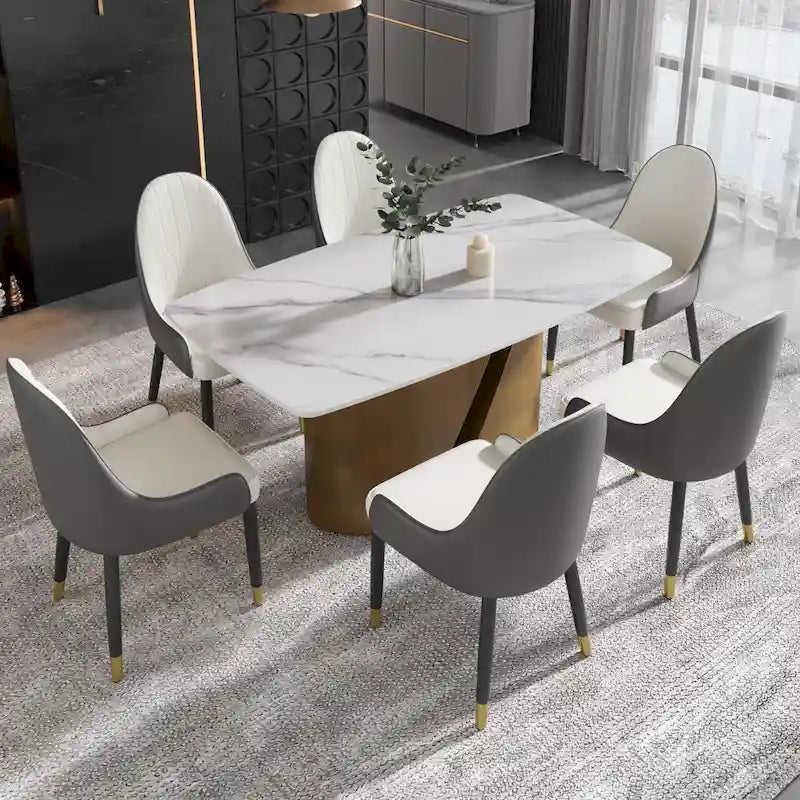 Mesa de comedor de piedra sinterizada Pandora negra/blanca – Patas doradas, 6-8 asientos