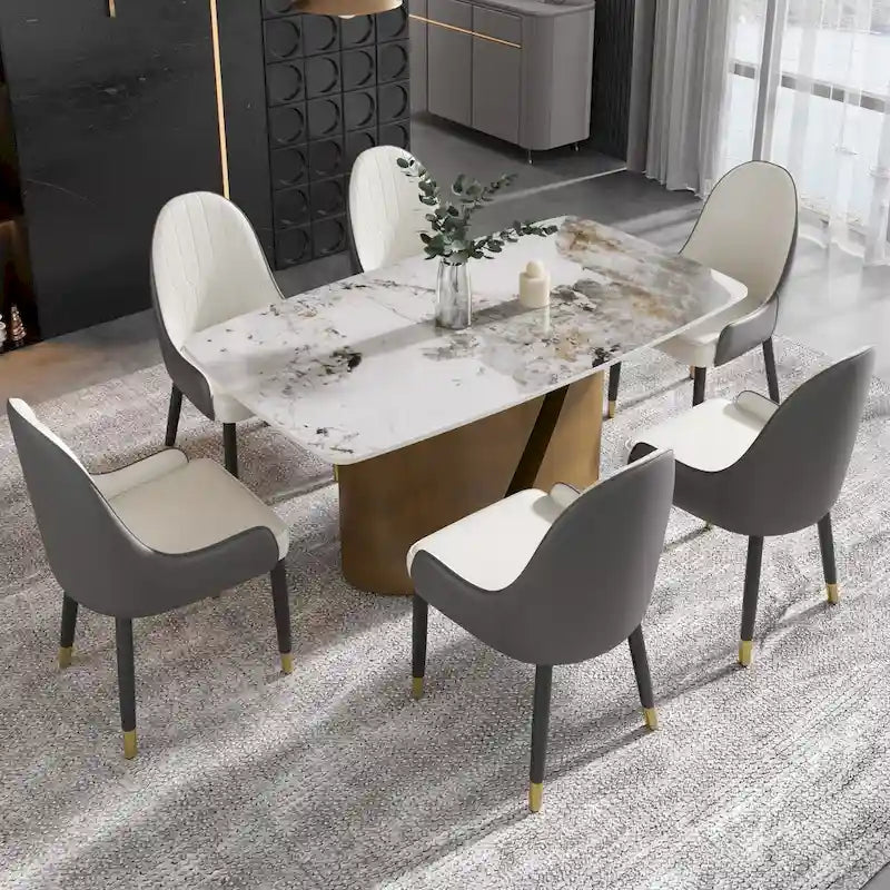 Mesa de comedor de piedra sinterizada Pandora negra/blanca – Patas doradas, 6-8 asientos