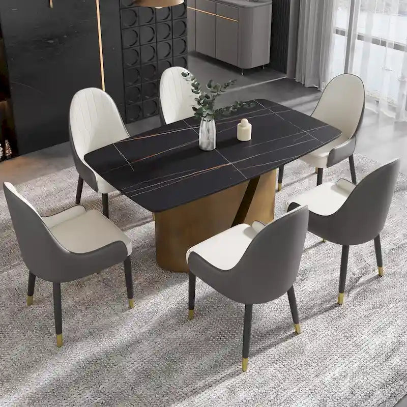 Mesa de comedor de piedra sinterizada Pandora negra/blanca – Patas doradas, 6-8 asientos