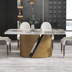 Mesa de comedor de piedra sinterizada Pandora negra/blanca – Patas doradas, 6-8 asientos