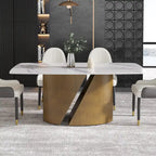 Mesa de comedor de piedra sinterizada Pandora negra/blanca – Patas doradas, 6-8 asientos