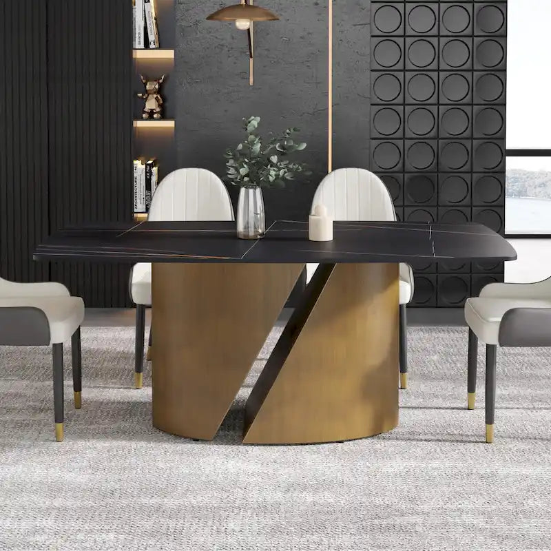 Mesa de comedor de piedra sinterizada Pandora negra/blanca – Patas doradas, 6-8 asientos