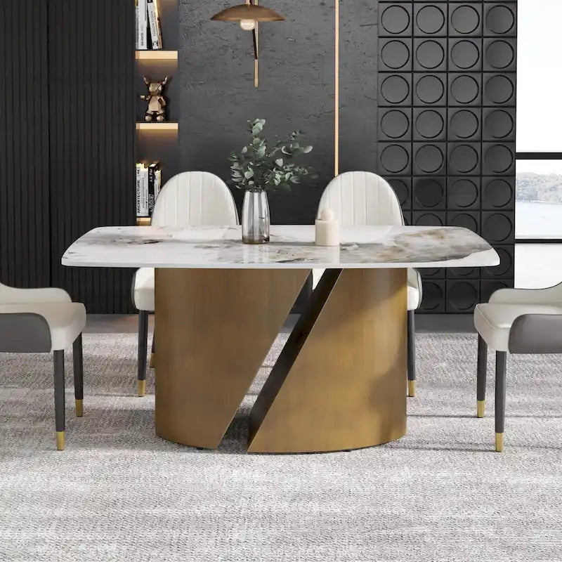 Mesa de comedor de piedra sinterizada Pandora negra/blanca – Patas doradas, 6-8 asientos