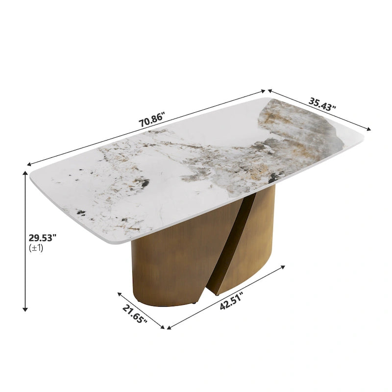 Mesa de comedor de piedra sinterizada Pandora negra/blanca – Patas doradas, 6-8 asientos