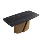 Mesa de comedor de piedra sinterizada Pandora negra/blanca – Patas doradas, 6-8 asientos