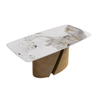 Mesa de comedor de piedra sinterizada Pandora negra/blanca – Patas doradas, 6-8 asientos