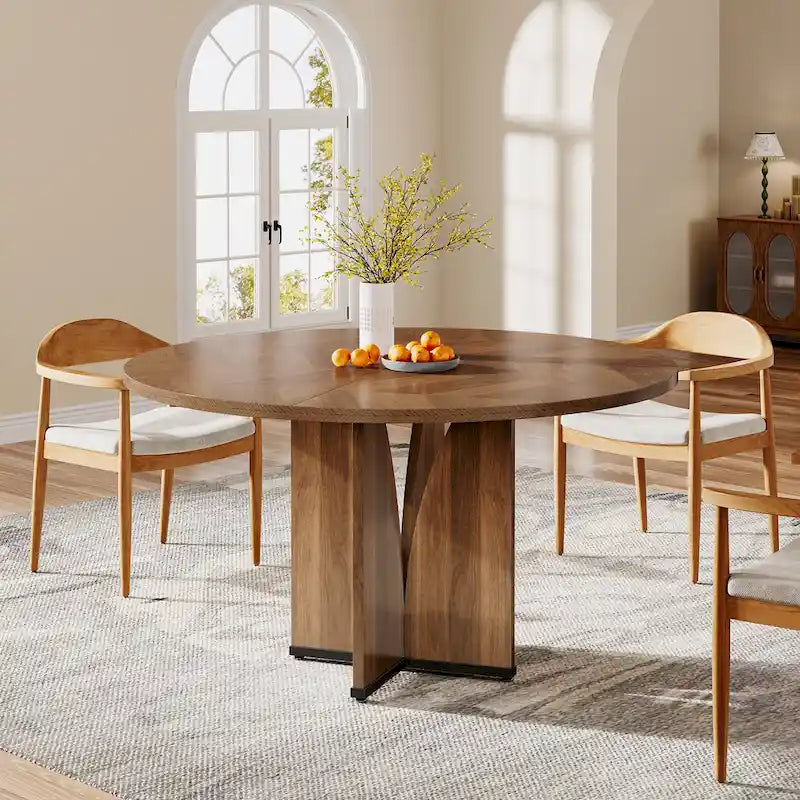 Mesa de comedor redonda con pedestal, color marrón, para 4 personas