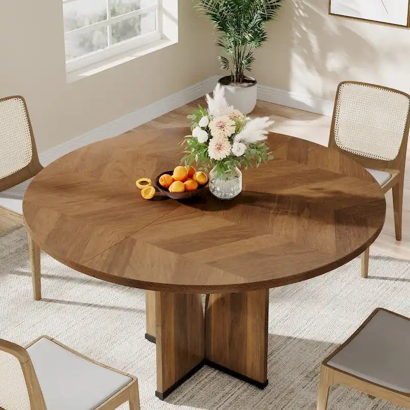 Mesa de comedor redonda con pedestal, color marrón, para 4 personas