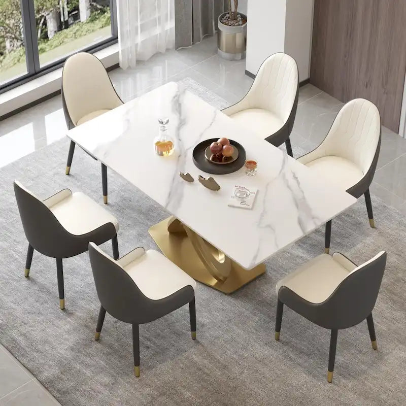 Mesa de comedor de piedra sinterizada blanca/negra con base de pedestal dorada, capacidad para 4 a 6 personas
