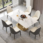 Mesa de comedor de piedra sinterizada blanca/negra con base de pedestal dorada, capacidad para 4 a 6 personas