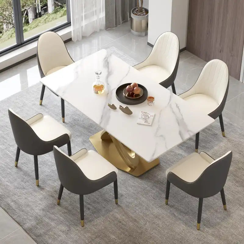 70  White Sintered Stone Dining Table with Stainless Steel Gold Pedestal