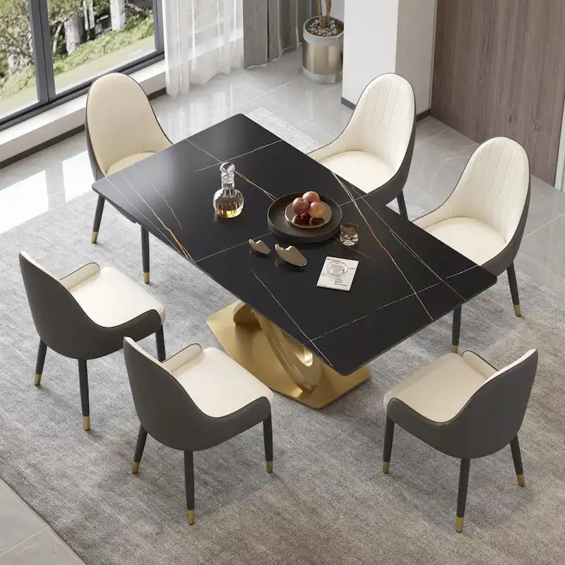 Mesa de comedor de piedra sinterizada blanca/negra con base de pedestal dorada, capacidad para 4 a 6 personas
