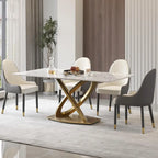 Mesa de comedor de piedra sinterizada blanca/negra con base de pedestal dorada, capacidad para 4 a 6 personas